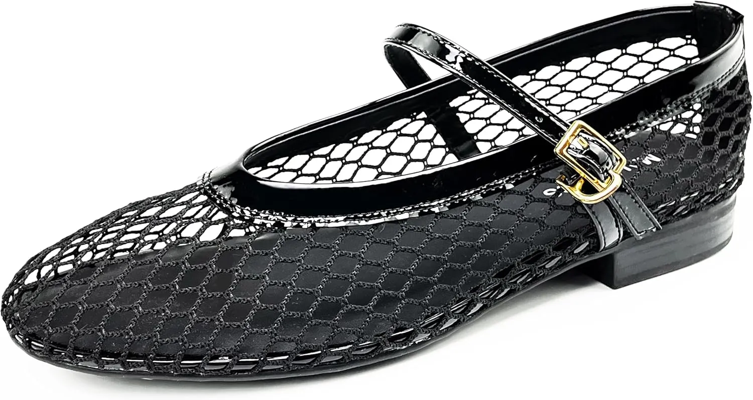 Mesh Flats for Women Ballet Mary Jane Flats Buckle Strap Comfy Casual Office Daily Fishnet Ballerina Flat Sandals Women Shoes Dressy Summer, Black