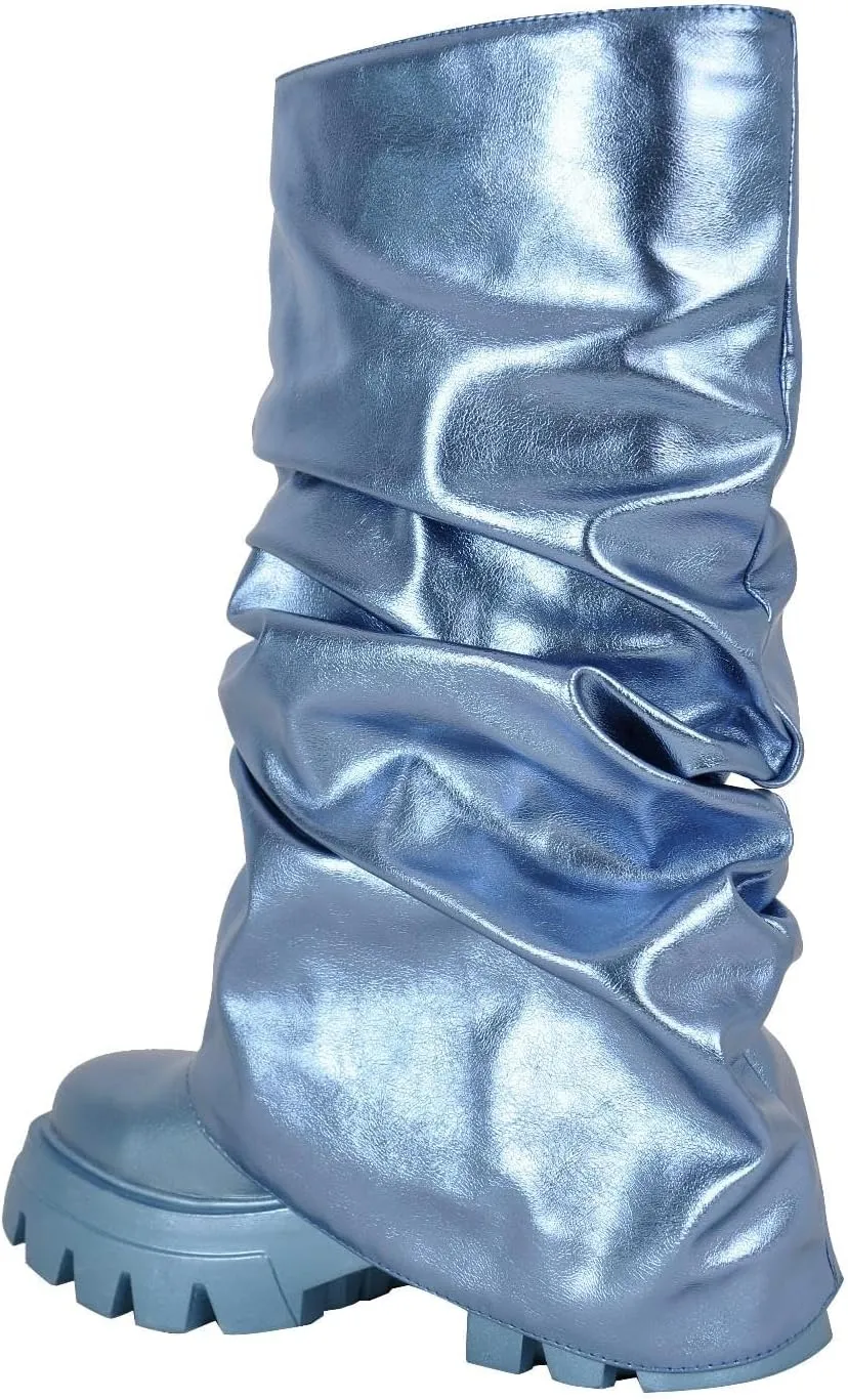 MissHeel Slouchy Metallic Platform Booties Fold Over
