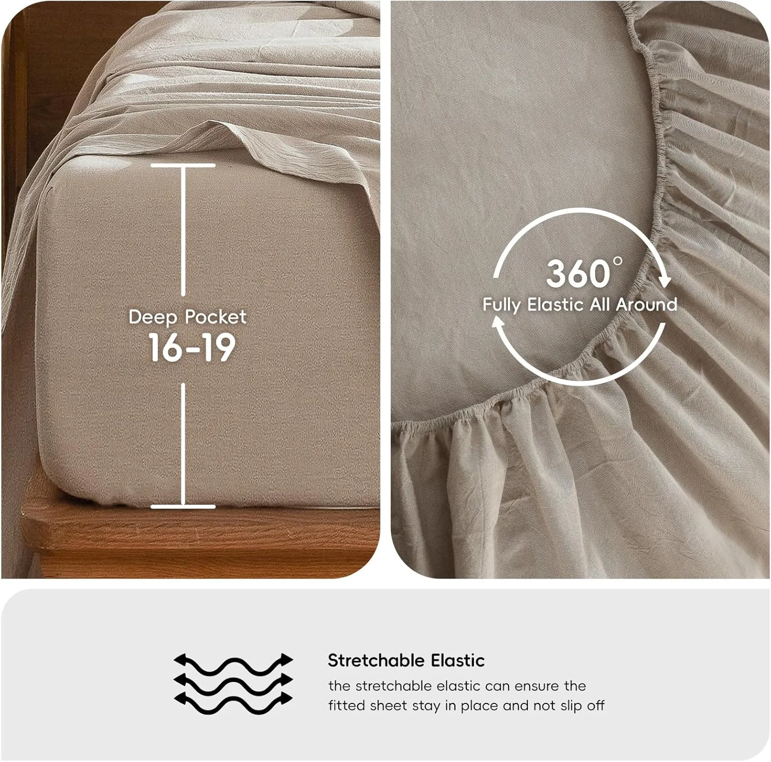 MooMee Bedding Sheet Set 100% Washed Cotton Linen Like Textured Breathable Durable Soft Comfy (Heathered Tannish Linen Grey, Queen)
