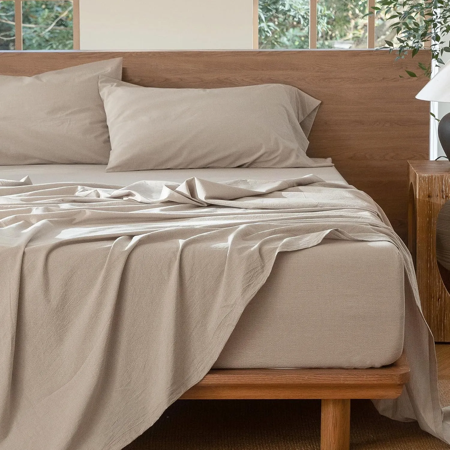 MooMee Bedding Sheet Set 100% Washed Cotton Linen Like Textured Breathable Durable Soft Comfy (Heathered Tannish Linen Grey, Queen)