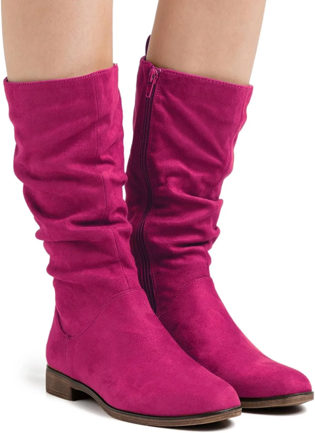 MOOMMO Women Mid Calf Slouch Boots Suede Calf High Boots Flats Flat Heel Long Boots Wide Calf Side Zipper Winter Boots Round Toe Flat Boots Retro Cute Casual Comfy Winter 4-13 M US