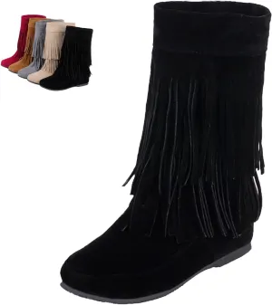 MOYOWEI Women's Vintage 2-Layer Fringe Suede Mid-Calf Boots,Fall Round Toe Hidden Height Lifting Hippie Low Flat High Boots