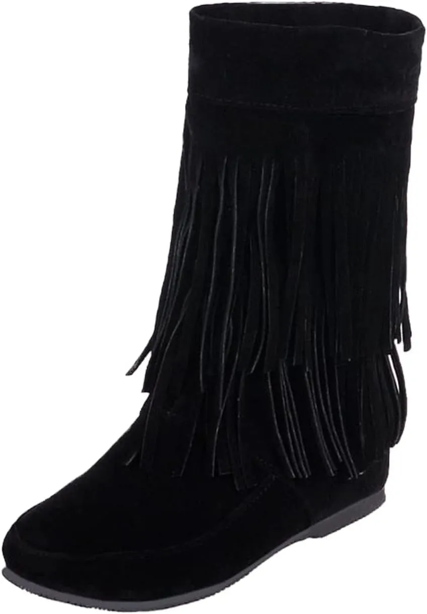 MOYOWEI Women's Vintage 2-Layer Fringe Suede Mid-Calf Boots,Fall Round Toe Hidden Height Lifting Hippie Low Flat High Boots