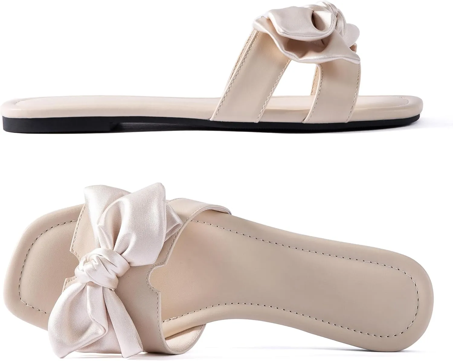 Mtzyoa Women Flat Sandals Bow Satin Ladies Summer Dressy Casual Vacation Bohemian Cute Leather Fashion Comfy Slip On Slides