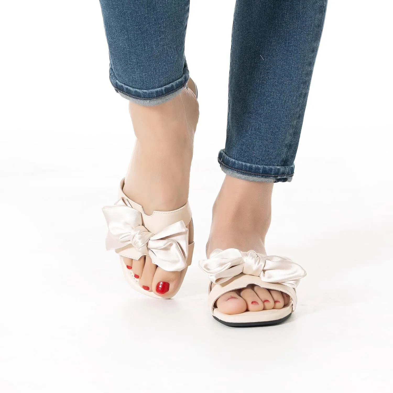 Mtzyoa Women Flat Sandals Bow Satin Ladies Summer Dressy Casual Vacation Bohemian Cute Leather Fashion Comfy Slip On Slides
