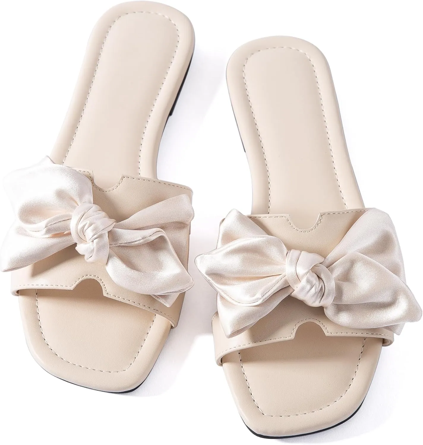Mtzyoa Women Flat Sandals Bow Satin Ladies Summer Dressy Casual Vacation Bohemian Cute Leather Fashion Comfy Slip On Slides