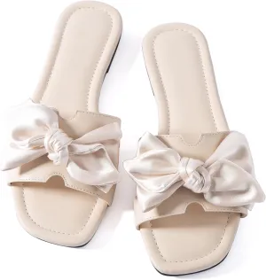 Mtzyoa Women Flat Sandals Bow Satin Ladies Summer Dressy Casual Vacation Bohemian Cute Leather Fashion Comfy Slip On Slides