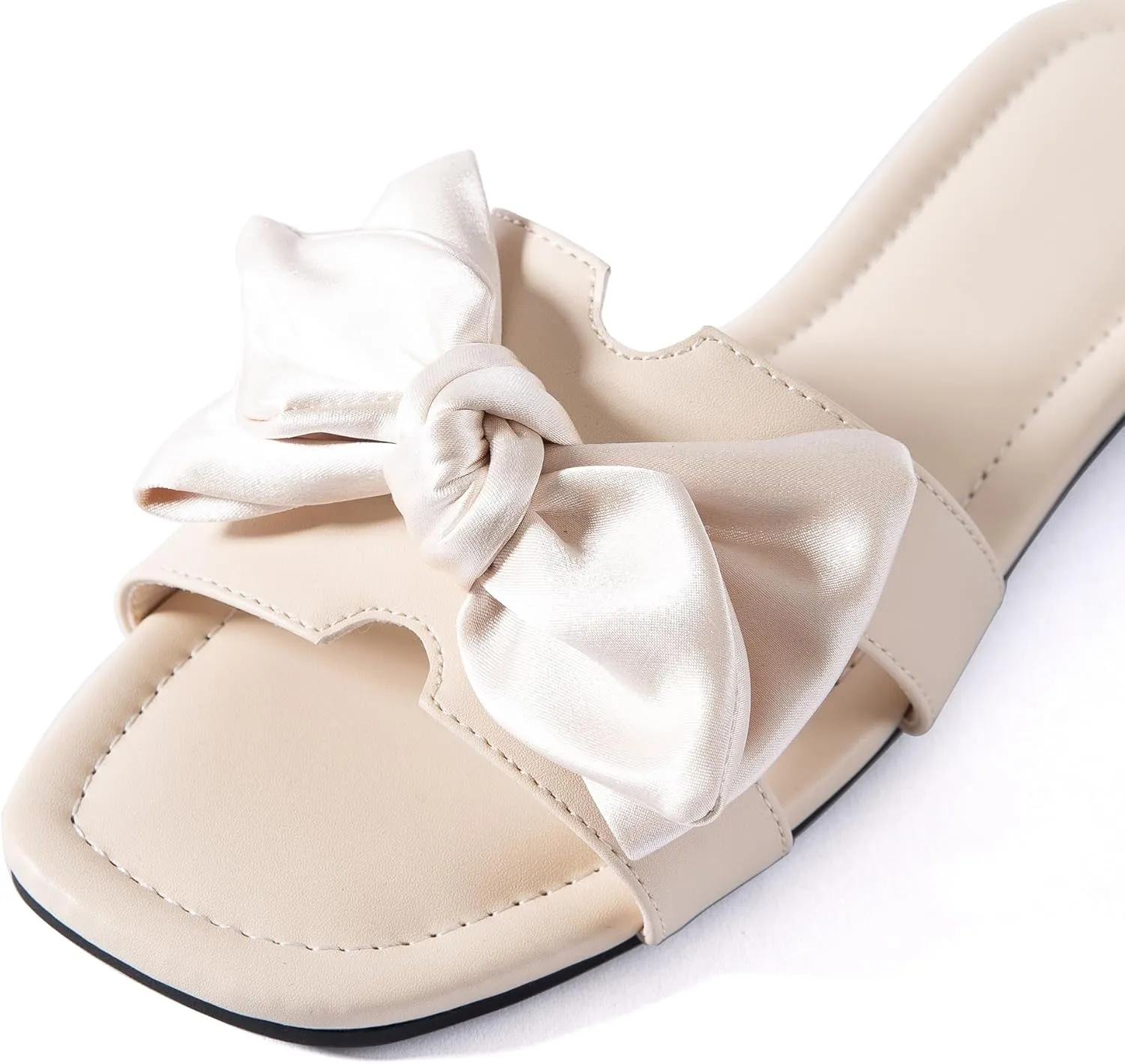 Mtzyoa Women Flat Sandals Bow Satin Ladies Summer Dressy Casual Vacation Bohemian Cute Leather Fashion Comfy Slip On Slides
