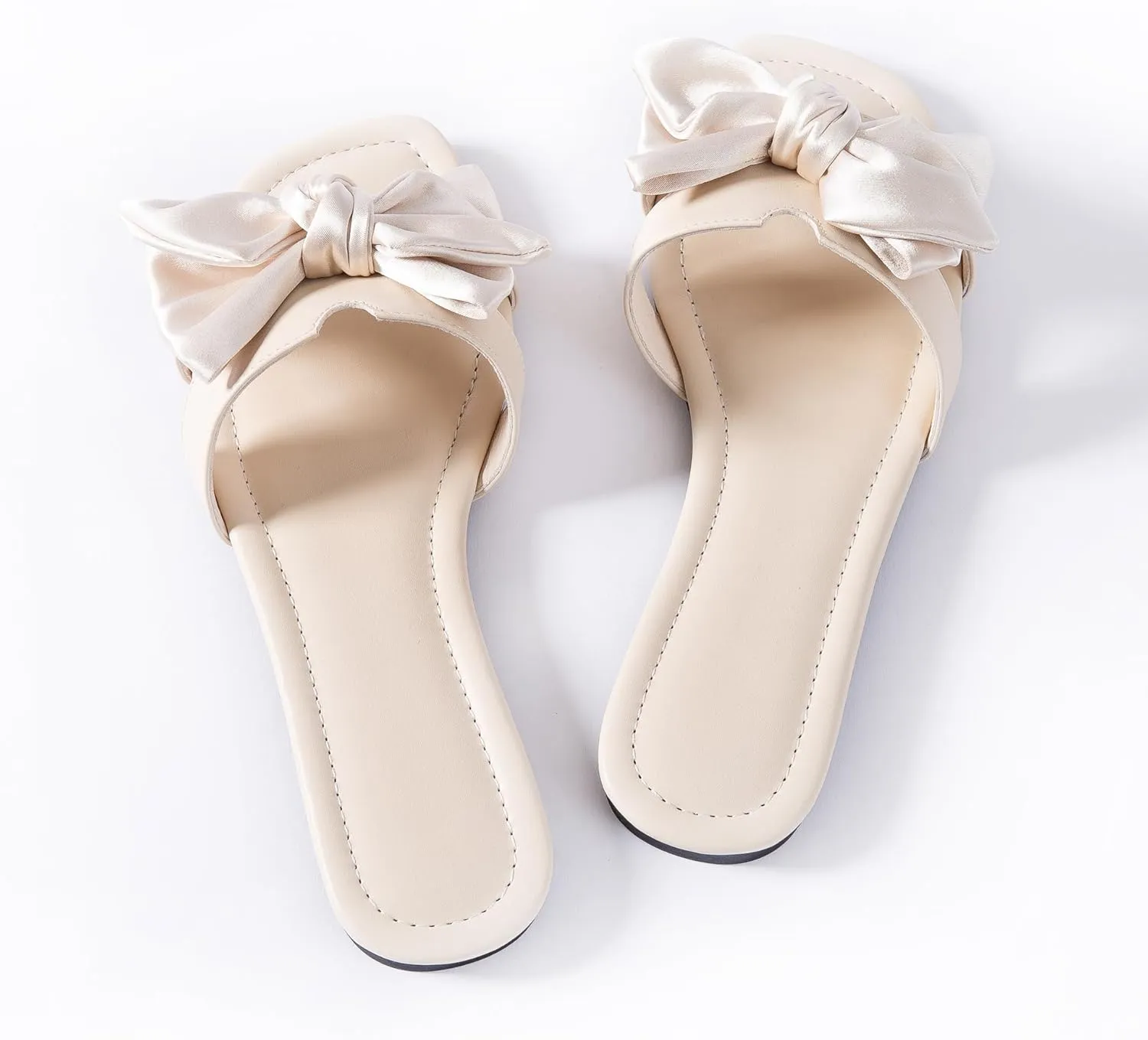 Mtzyoa Women Flat Sandals Bow Satin Ladies Summer Dressy Casual Vacation Bohemian Cute Leather Fashion Comfy Slip On Slides