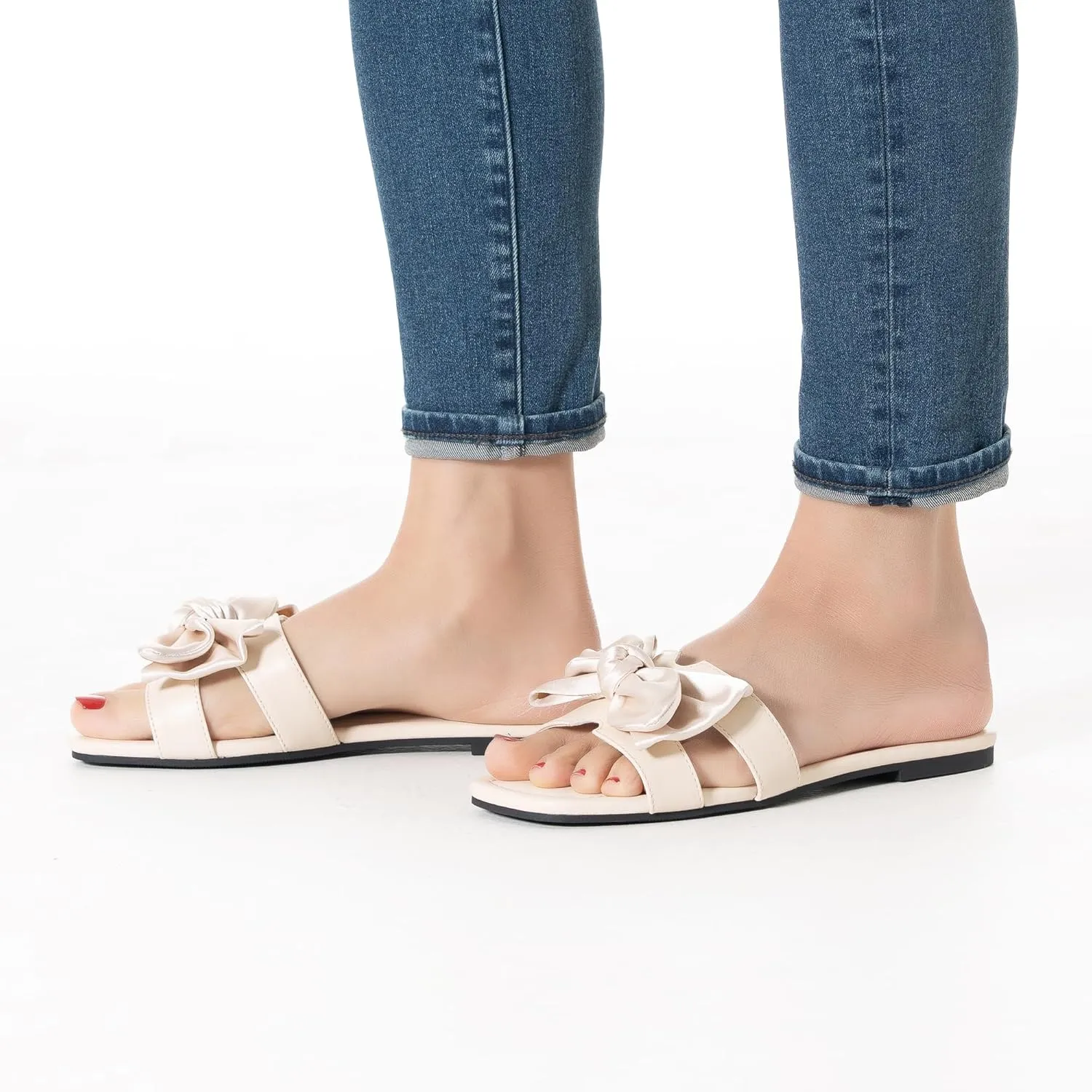 Mtzyoa Women Flat Sandals Bow Satin Ladies Summer Dressy Casual Vacation Bohemian Cute Leather Fashion Comfy Slip On Slides