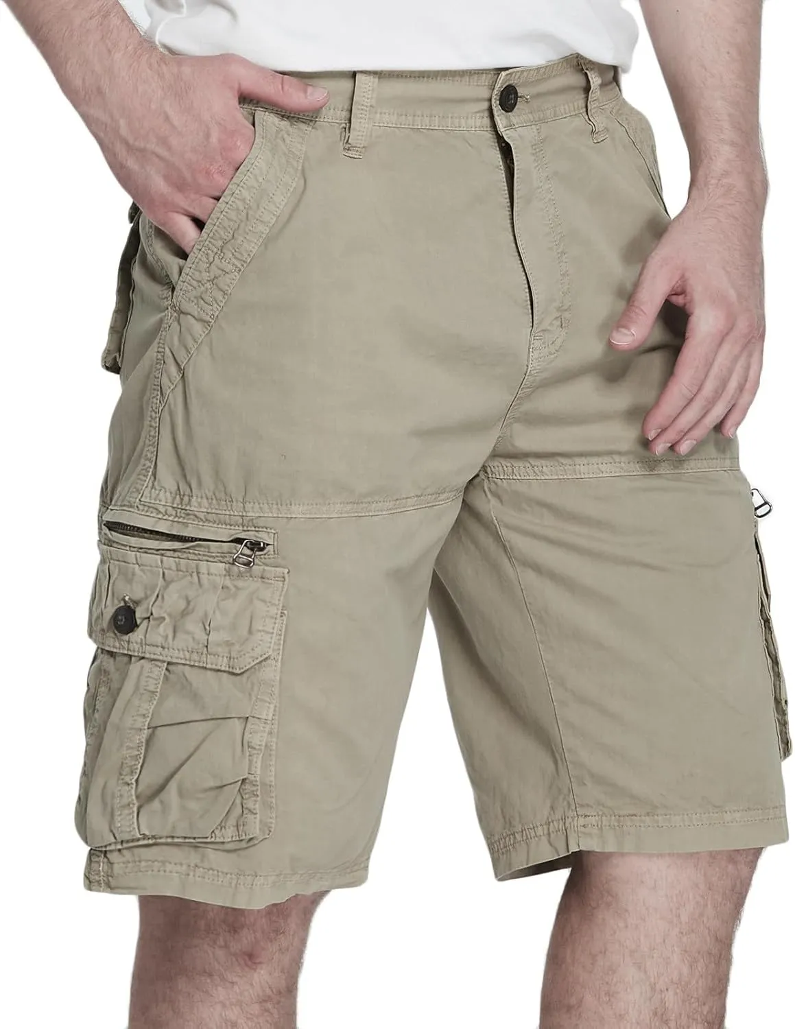 Muscularfit Mens Cotton Shorts Flat-Front Cotton Multi Pockets Cargo Short Solid Buckle Zipper Fashion Utility Tooling Shorts