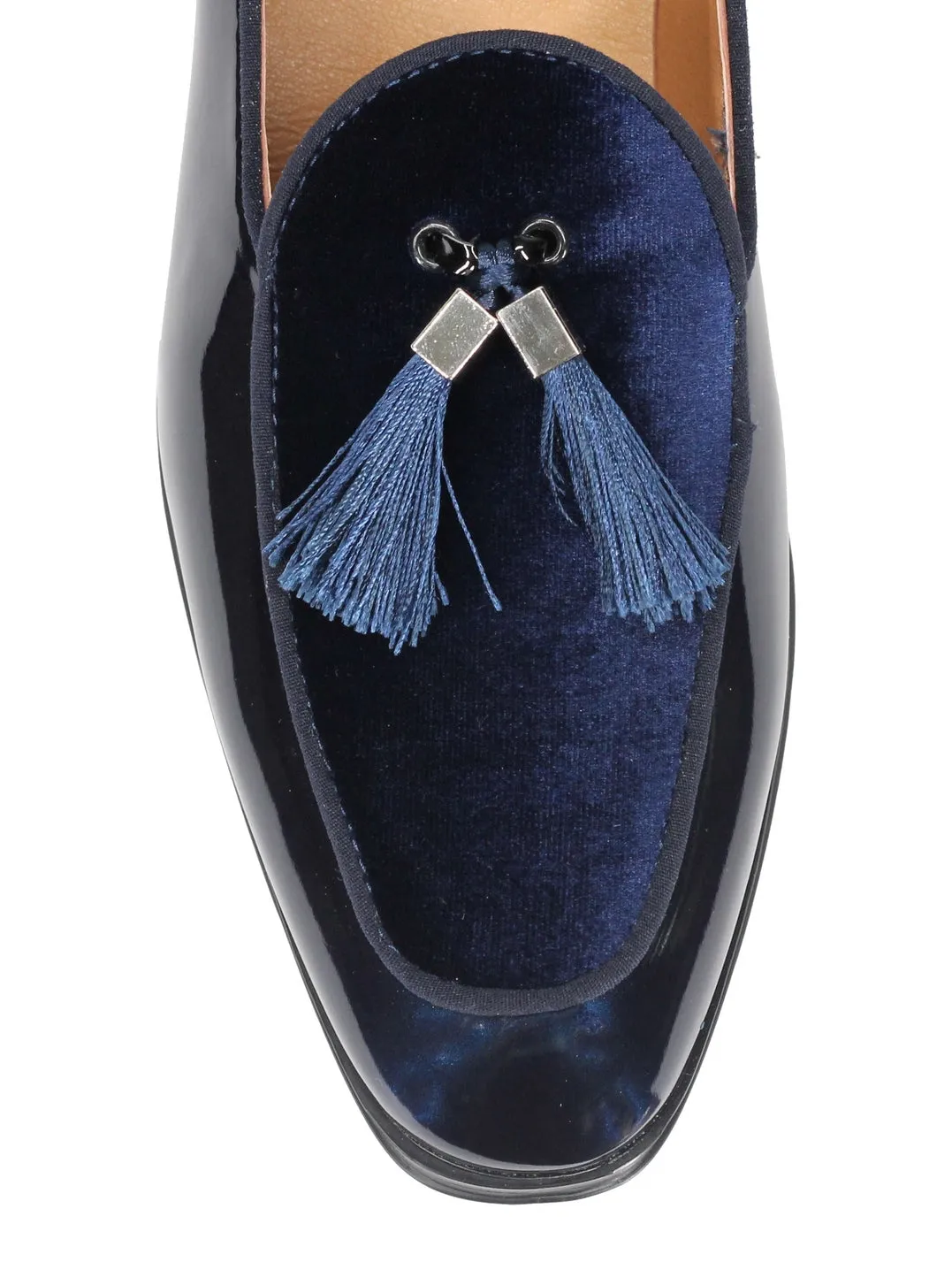 NAVY SHINY FAUX LEATHER TASSEL LOAFERS