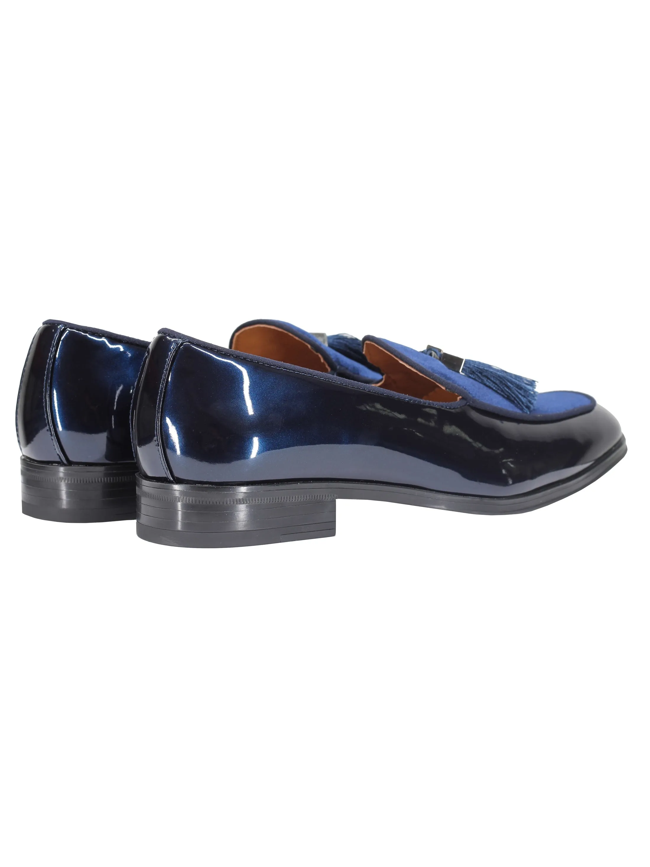 NAVY SHINY FAUX LEATHER TASSEL LOAFERS