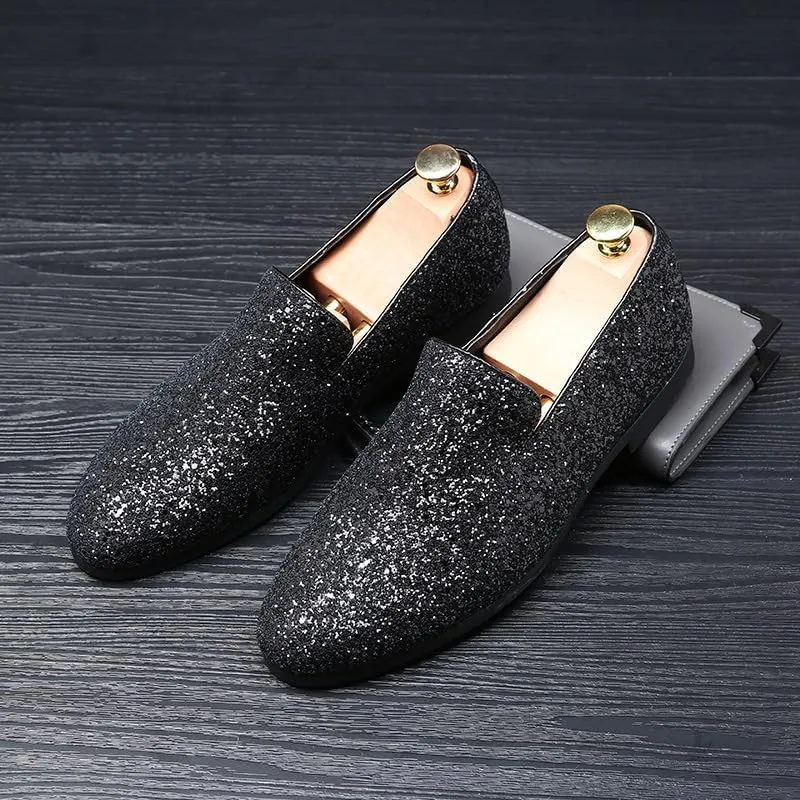 New Mens Loafers Shoe Pointed Toe Shiny PU Leather Smoking Shoes Slip Resistant Flat Heel Flexible Fashion Slip-on