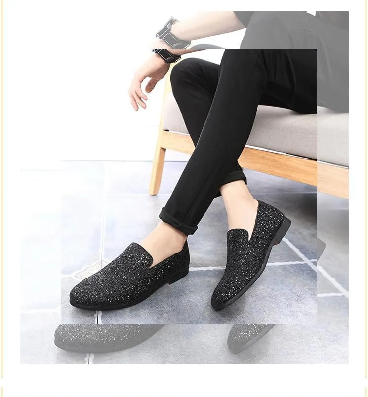 New Mens Loafers Shoe Pointed Toe Shiny PU Leather Smoking Shoes Slip Resistant Flat Heel Flexible Fashion Slip-on