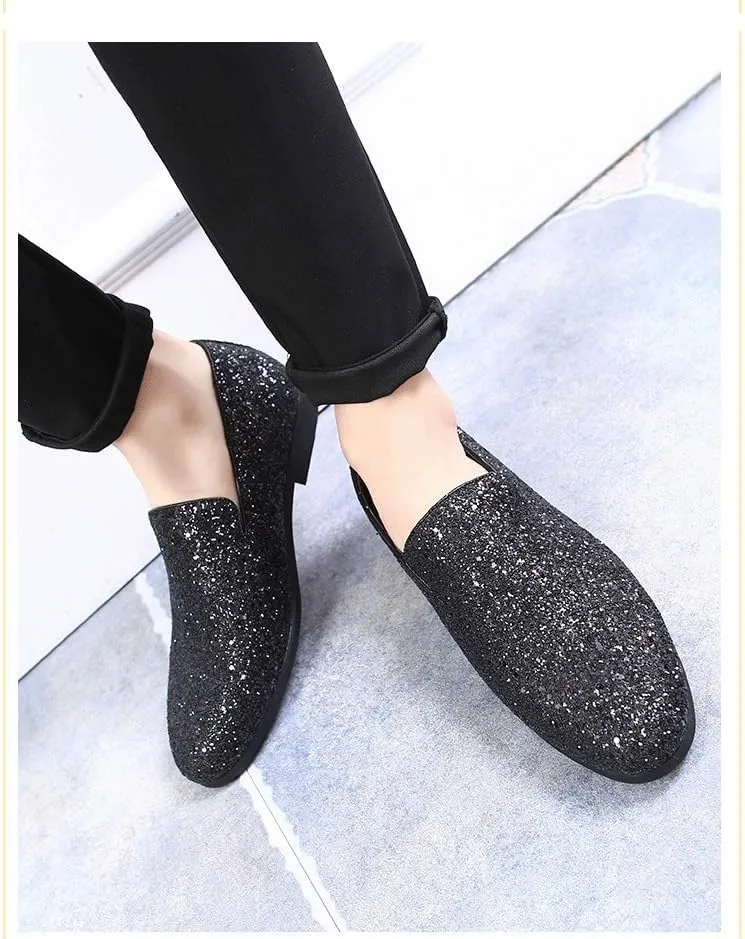 New Mens Loafers Shoe Pointed Toe Shiny PU Leather Smoking Shoes Slip Resistant Flat Heel Flexible Fashion Slip-on