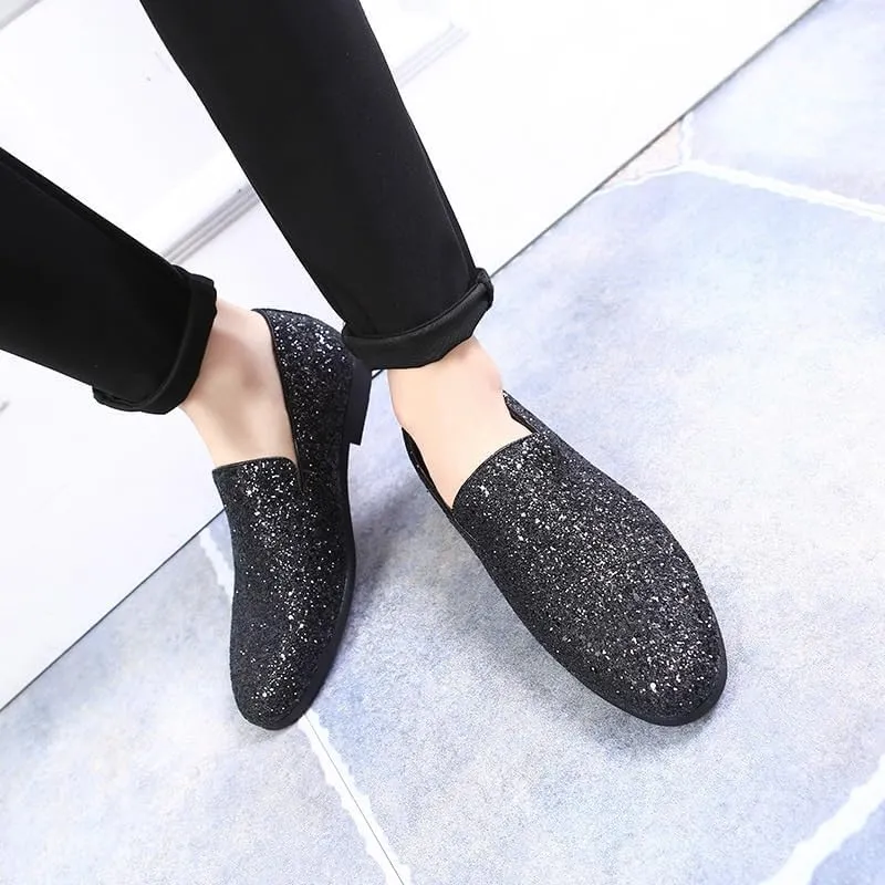 New Mens Loafers Shoe Pointed Toe Shiny PU Leather Smoking Shoes Slip Resistant Flat Heel Flexible Fashion Slip-on