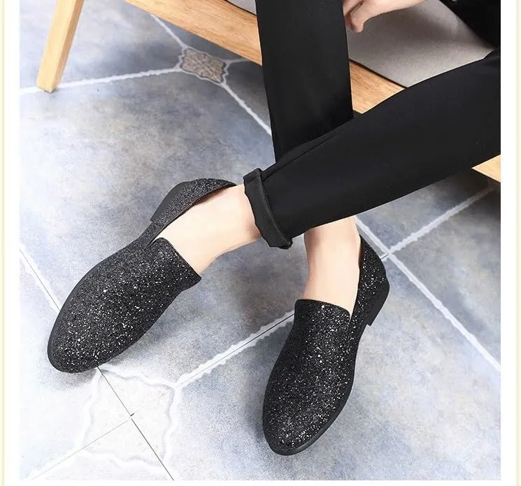 New Mens Loafers Shoe Pointed Toe Shiny PU Leather Smoking Shoes Slip Resistant Flat Heel Flexible Fashion Slip-on