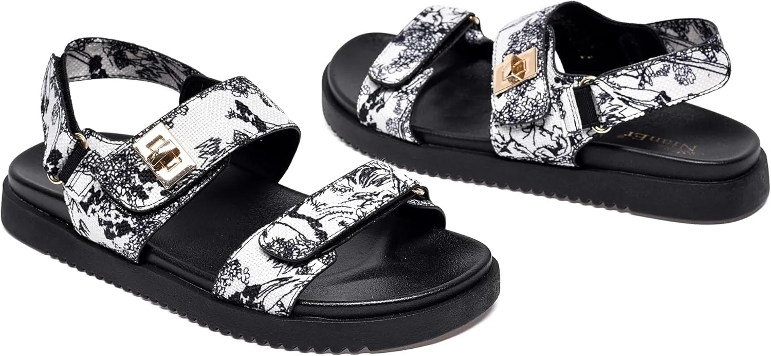 NianEr Womens Soft Foam Footbed Adjustable Velcro Two Strap Flat Sandals Strappy Ankle Strap Trendy Travel Slingback Walking Everday Slip On Casual Comfort Everyday Summer Shoes Slides
