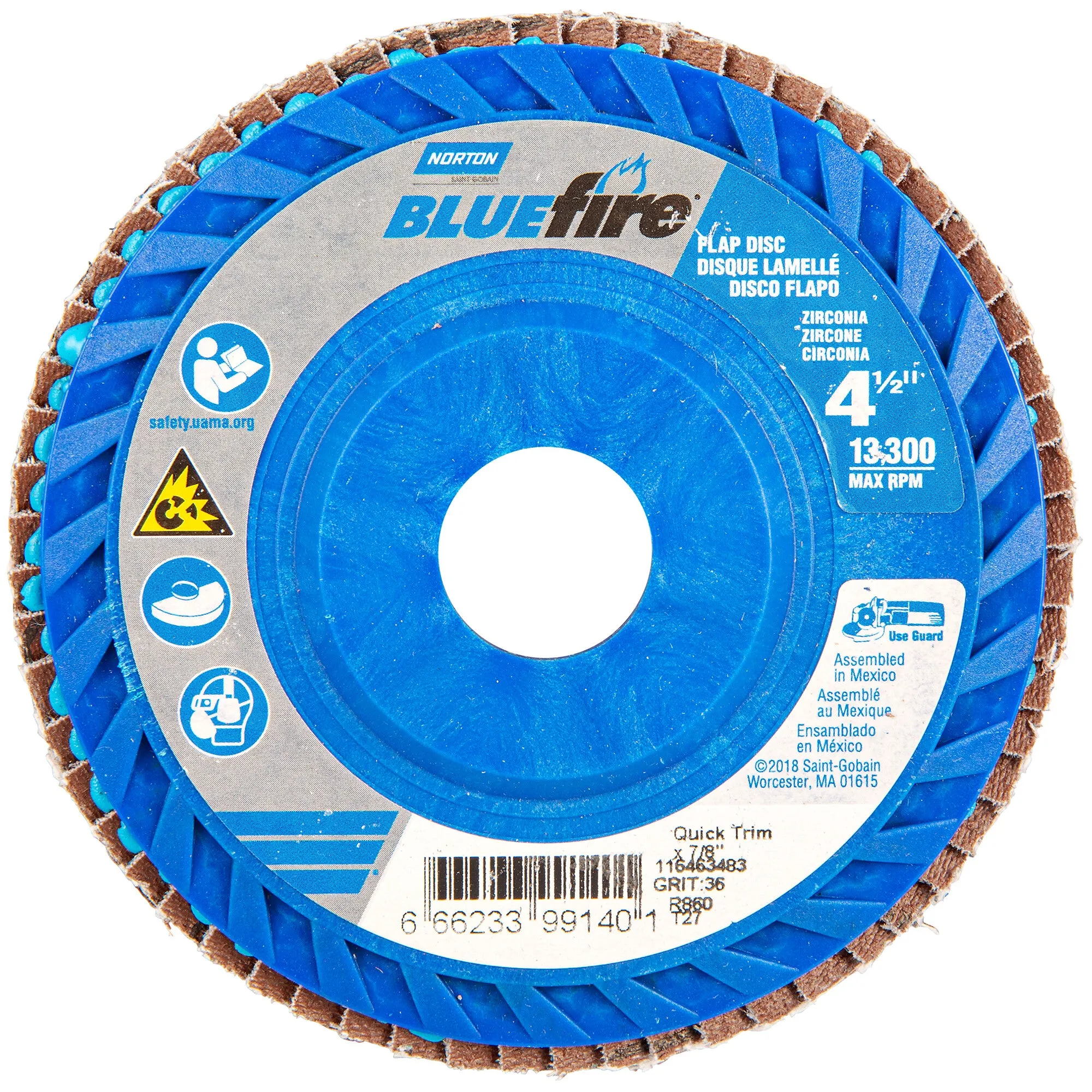 Norton 4-1/2 x 7/8 In. BlueFire Plastic Flat Flap Disc T27 P36 Grit R884P ZA 10 Count