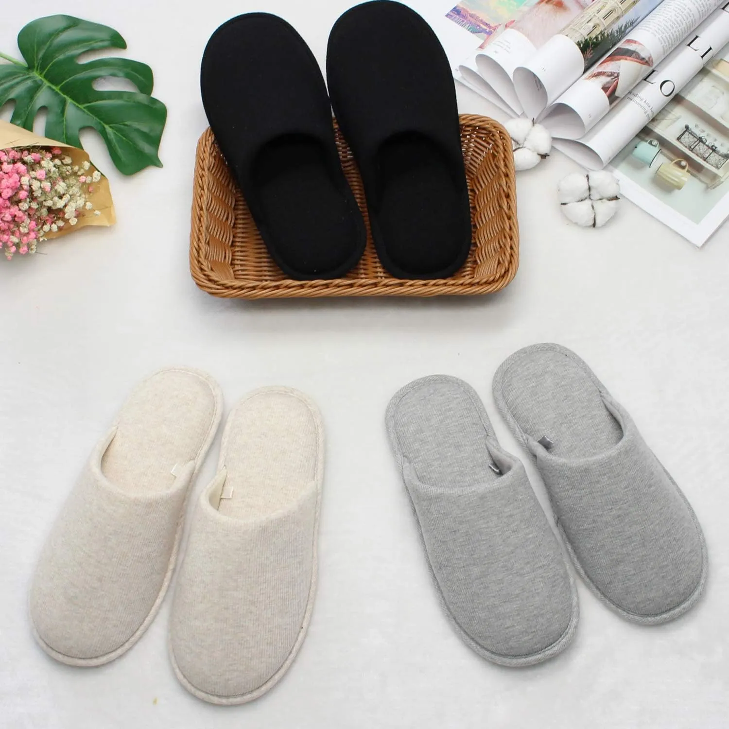 ofoot Mens Indoor Memory Foam Cotton Scuff Slippers Slip On Summer House Shoes Flats Breathable Lightweight Washable Non Skid Rubber Soles
