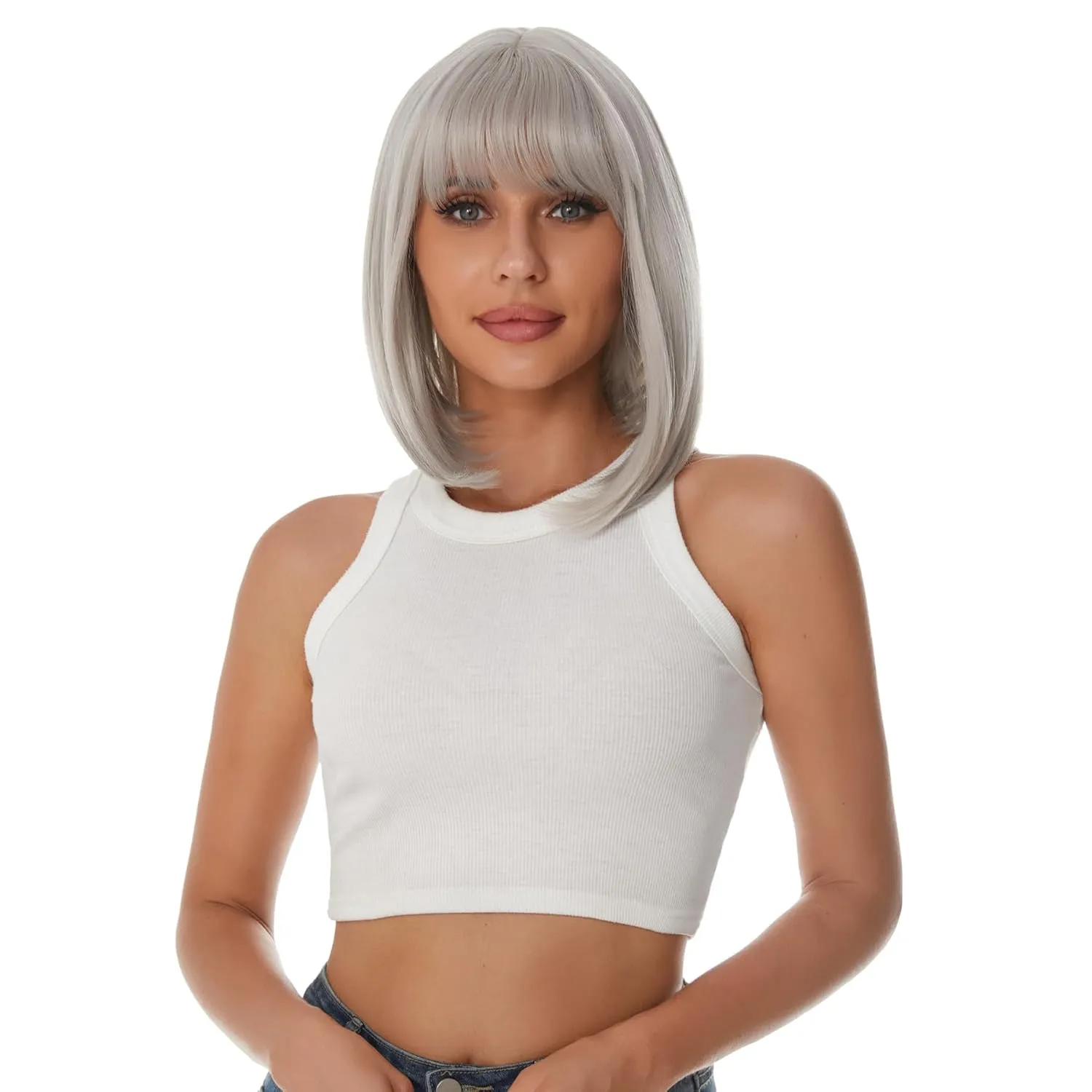 Onpep Gray Bob Wigs with Bangs for Women Short Straight Shoulder Length Heat Resistant Synthetic Wig Natural Looking Grey for Daily Cosplay Party