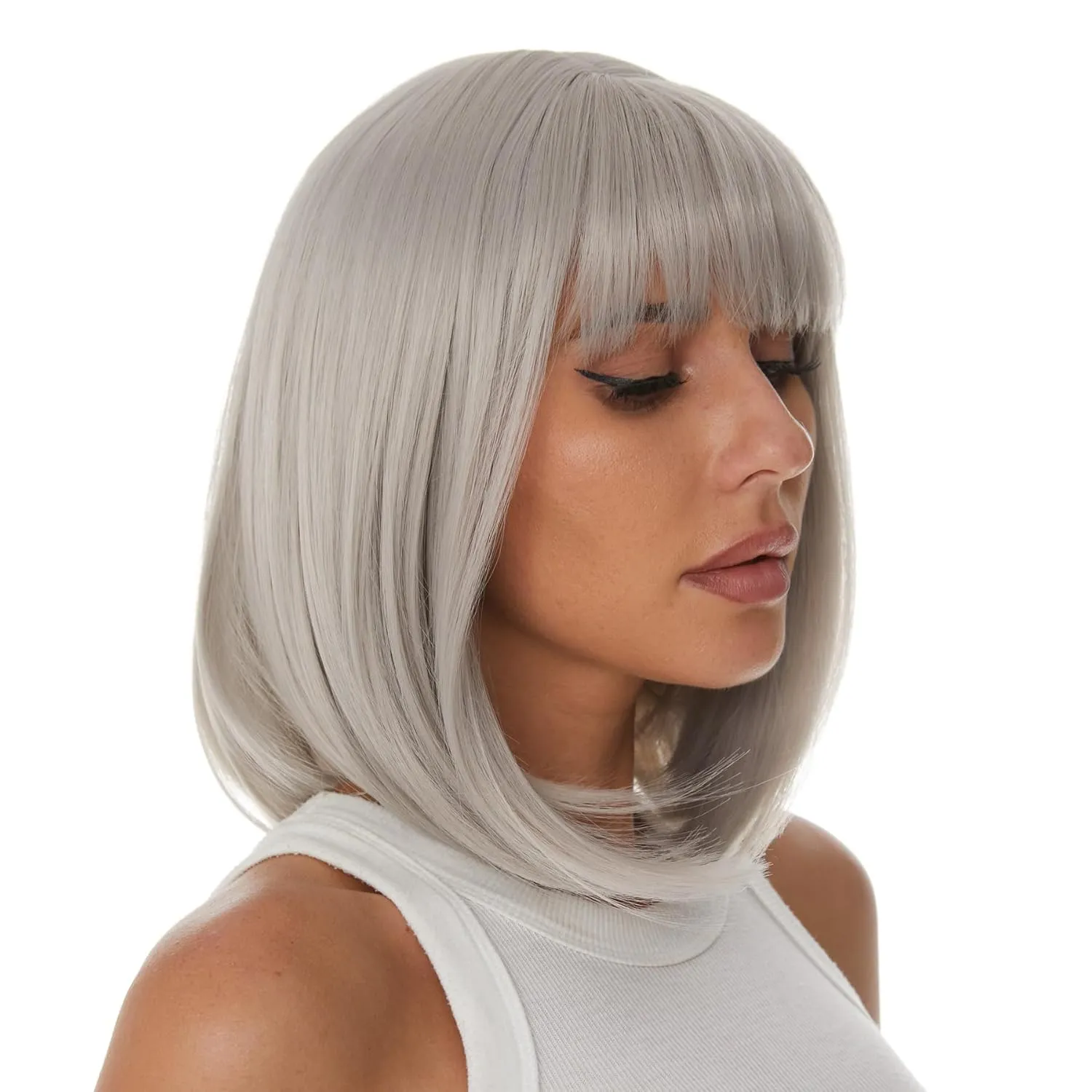 Onpep Gray Bob Wigs with Bangs for Women Short Straight Shoulder Length Heat Resistant Synthetic Wig Natural Looking Grey for Daily Cosplay Party