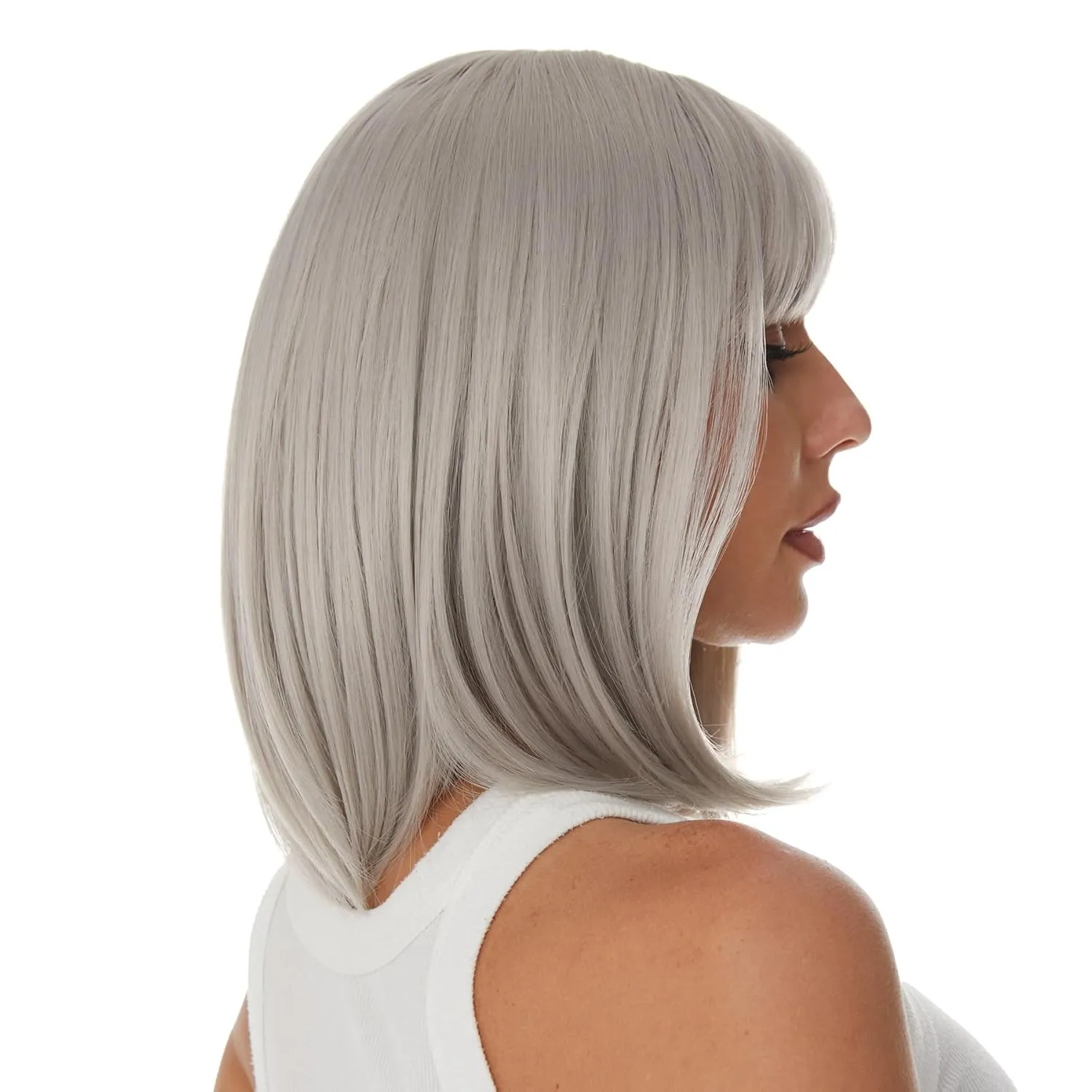 Onpep Gray Bob Wigs with Bangs for Women Short Straight Shoulder Length Heat Resistant Synthetic Wig Natural Looking Grey for Daily Cosplay Party