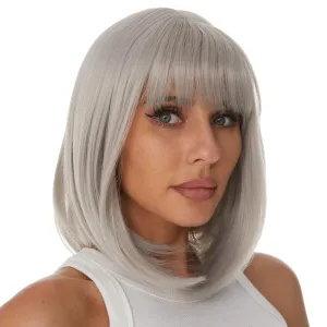 Onpep Gray Bob Wigs with Bangs for Women Short Straight Shoulder Length Heat Resistant Synthetic Wig Natural Looking Grey for Daily Cosplay Party