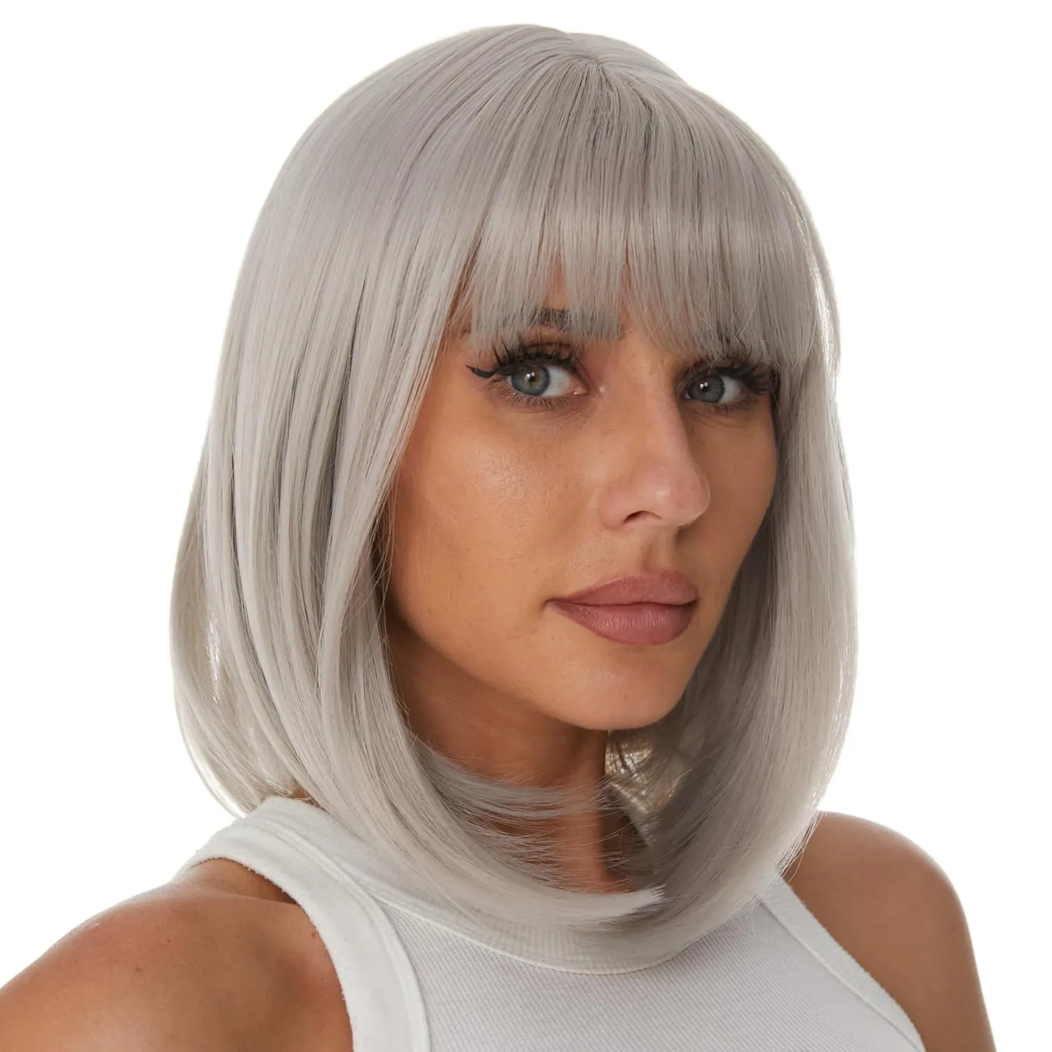 Onpep Gray Bob Wigs with Bangs for Women Short Straight Shoulder Length Heat Resistant Synthetic Wig Natural Looking Grey for Daily Cosplay Party