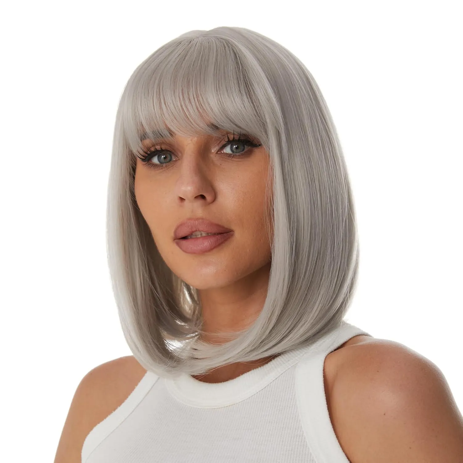 Onpep Gray Bob Wigs with Bangs for Women Short Straight Shoulder Length Heat Resistant Synthetic Wig Natural Looking Grey for Daily Cosplay Party