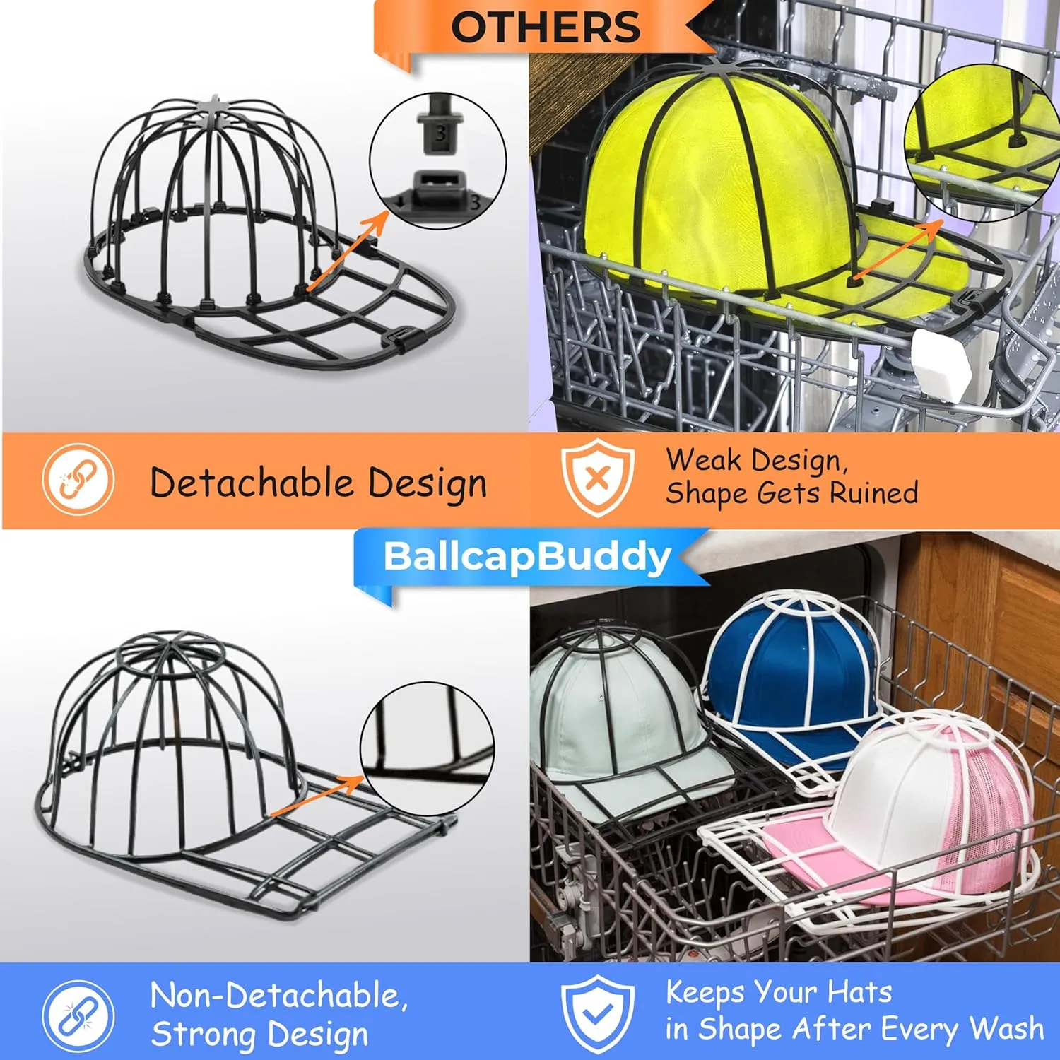 Original & Patented 3-Pack Baseball Hat Washer Cage for Washing Machine/Dishwasher, Kids & Adults Hat Cleaner/Washer/Shaper for Baseball Caps - Black