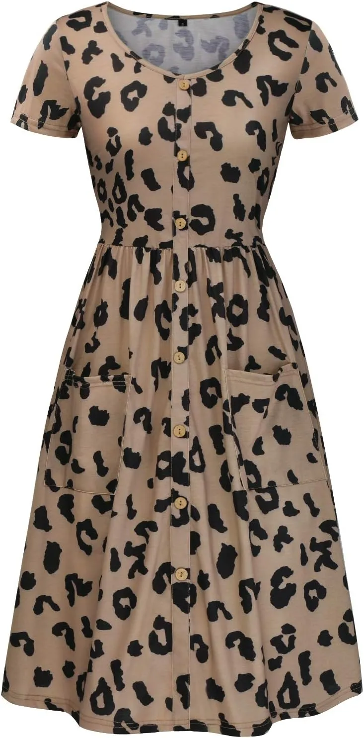 OUGES Women's V Neck Button Down Skater Dress with Pockets