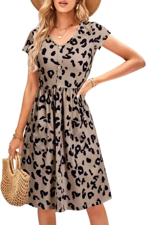 OUGES Women's V Neck Button Down Skater Dress with Pockets