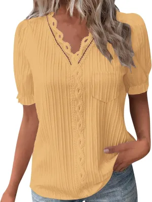 Plus Size Summer Tops for Women Casual Lace V Neck T-Shirts Ruffle Short Sleeve Tee Shirt Blouse Loose Fit Tshirts