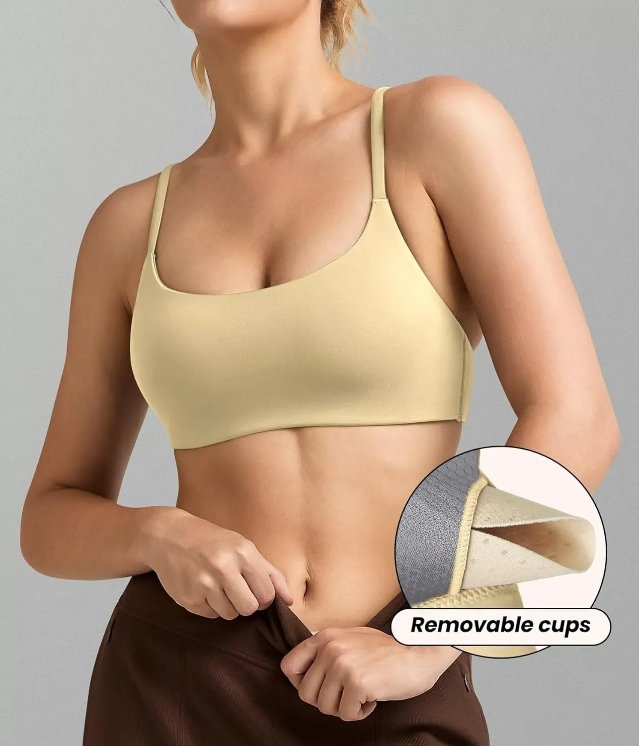 QUEENIEKE Womens Spaghetti Strap Sports Bras for Women Padded Yoga Bra Workout Wireless Crop Comfy Athletic Tops