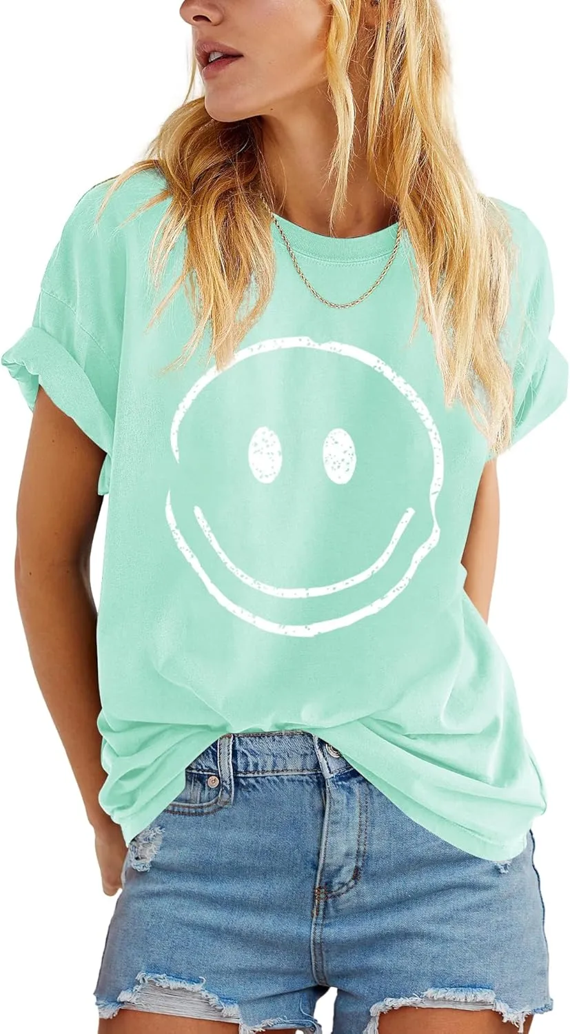 ReachMe Womens Summer Cute Smile Face T-Shirts Trendy Vintage Graphic Tops Casual Loose Short Sleeve Tee Shirts