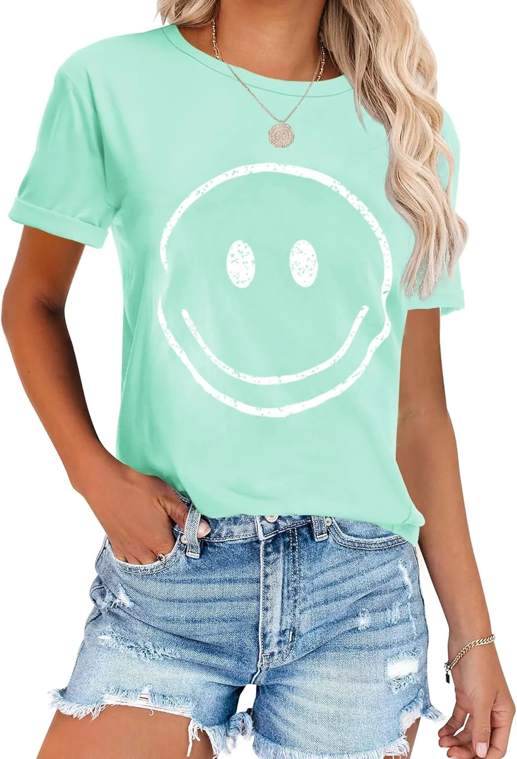 ReachMe Womens Summer Cute Smile Face T-Shirts Trendy Vintage Graphic Tops Casual Loose Short Sleeve Tee Shirts