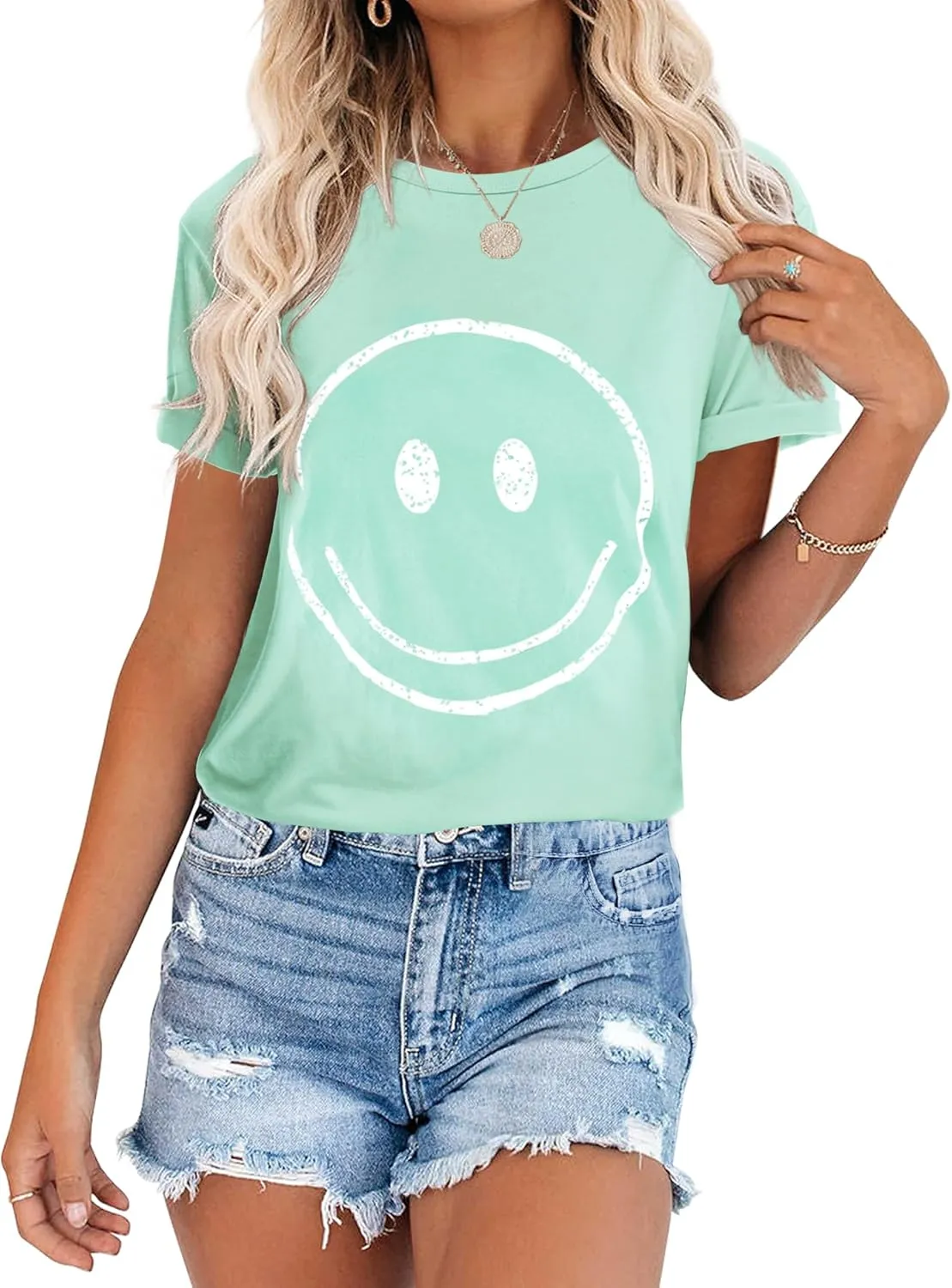ReachMe Womens Summer Cute Smile Face T-Shirts Trendy Vintage Graphic Tops Casual Loose Short Sleeve Tee Shirts
