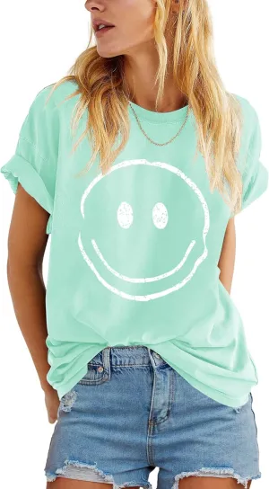 ReachMe Womens Summer Cute Smile Face T-Shirts Trendy Vintage Graphic Tops Casual Loose Short Sleeve Tee Shirts