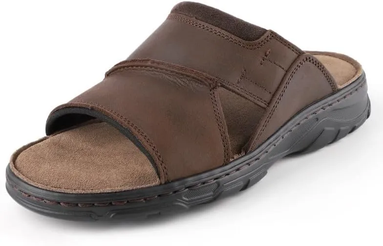 riemot Mens Leather Sandals Memory Foam Footbed Summer Beach Indoor Outdoor Thick Sole Non-slip Lightweight Slides Size US13