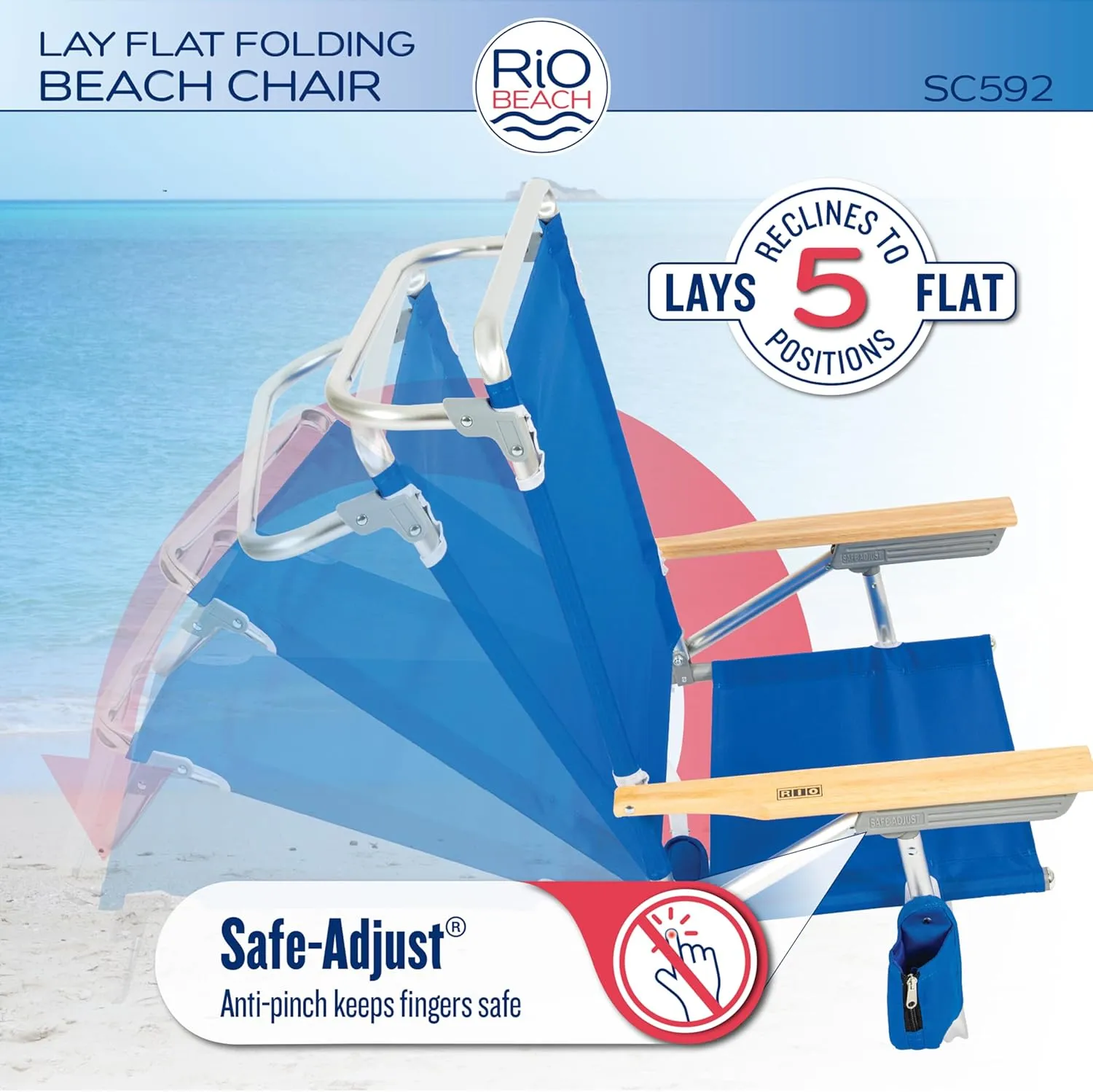 Rio Beach Classic 5-Position Lay-Flat Folding Chair, Outdoor Pool and Beach Chair with Carrying Strap and Towel Bar, Blue