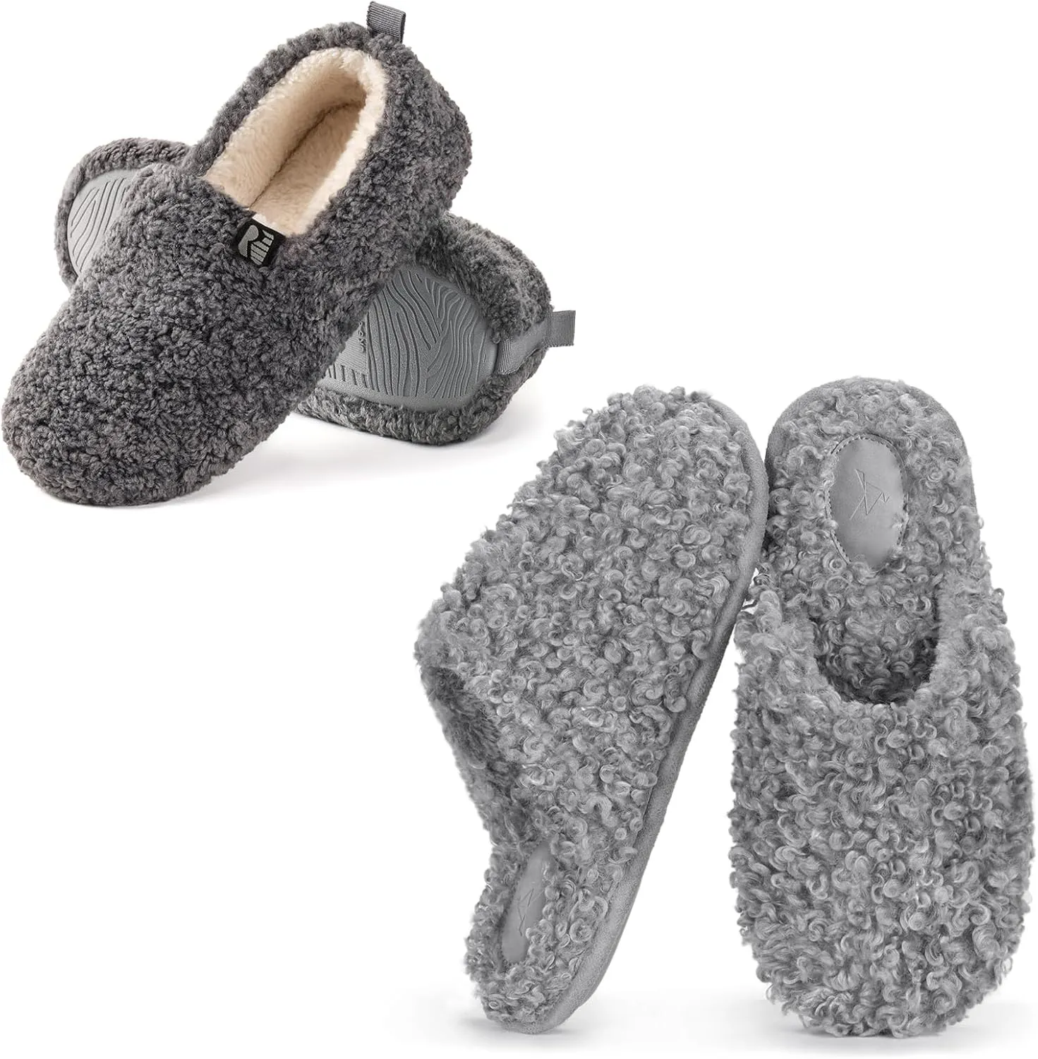 RockDove Set of 2 Pairs - Women's Size 8, Faux Shearling Closed Back Slipper (Cool Grey) Twirl Fleece Fuzzy House Scuff Slipper (Ash Grey)