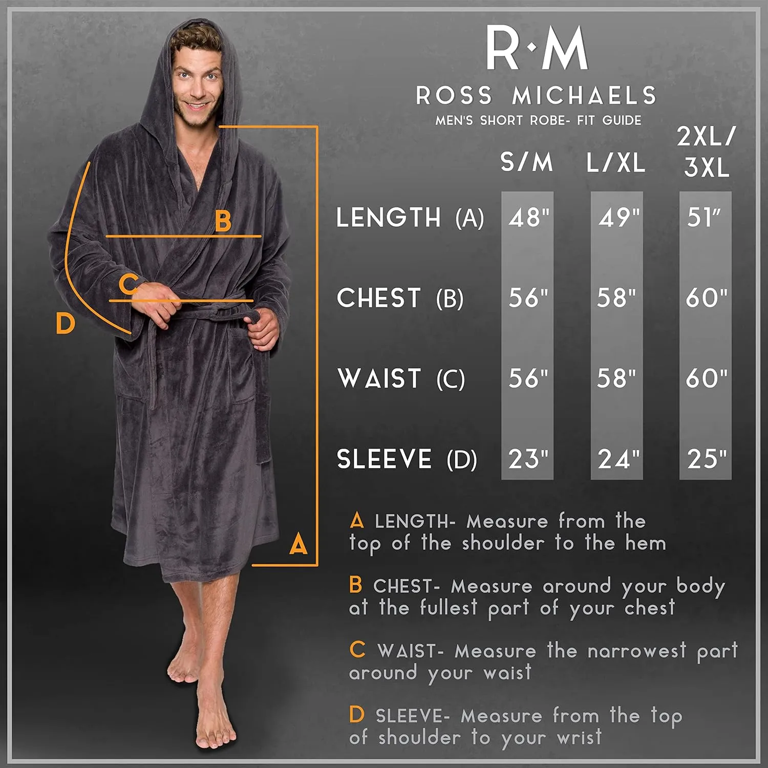 Ross Michaels Mens Robe Hooded Wrap Style - Mid Length Plush Fleece Bathrobe
