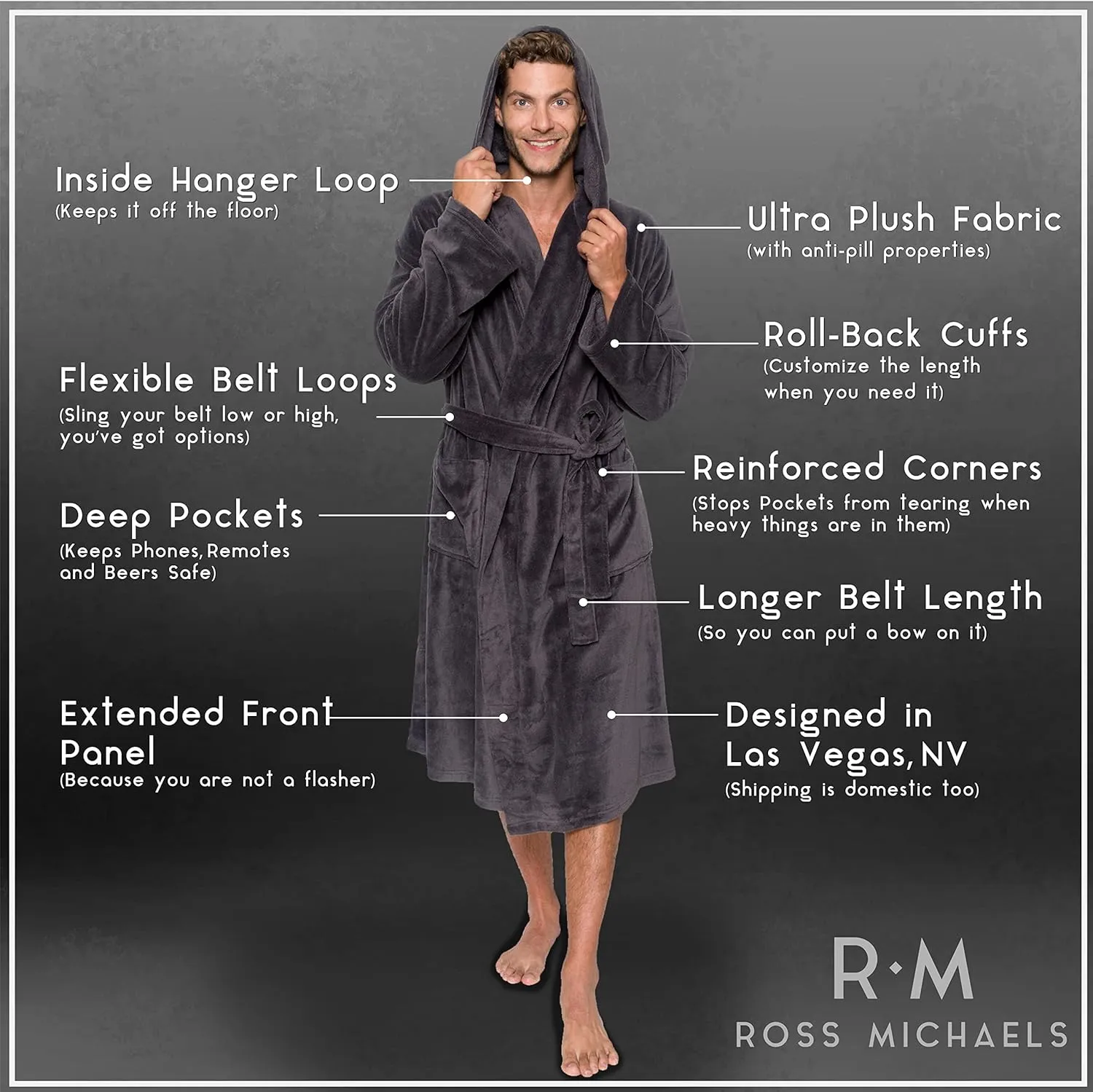 Ross Michaels Mens Robe Hooded Wrap Style - Mid Length Plush Fleece Bathrobe