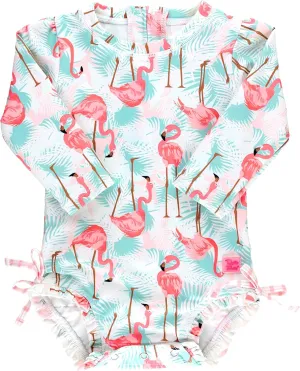 RuffleButts Baby Girls UPF 50  Sun Protection Tropical Print Long Sleeve One Piece Rash Guard Swimsuit with Zipper - Vibrant Flamingo, 0-3m