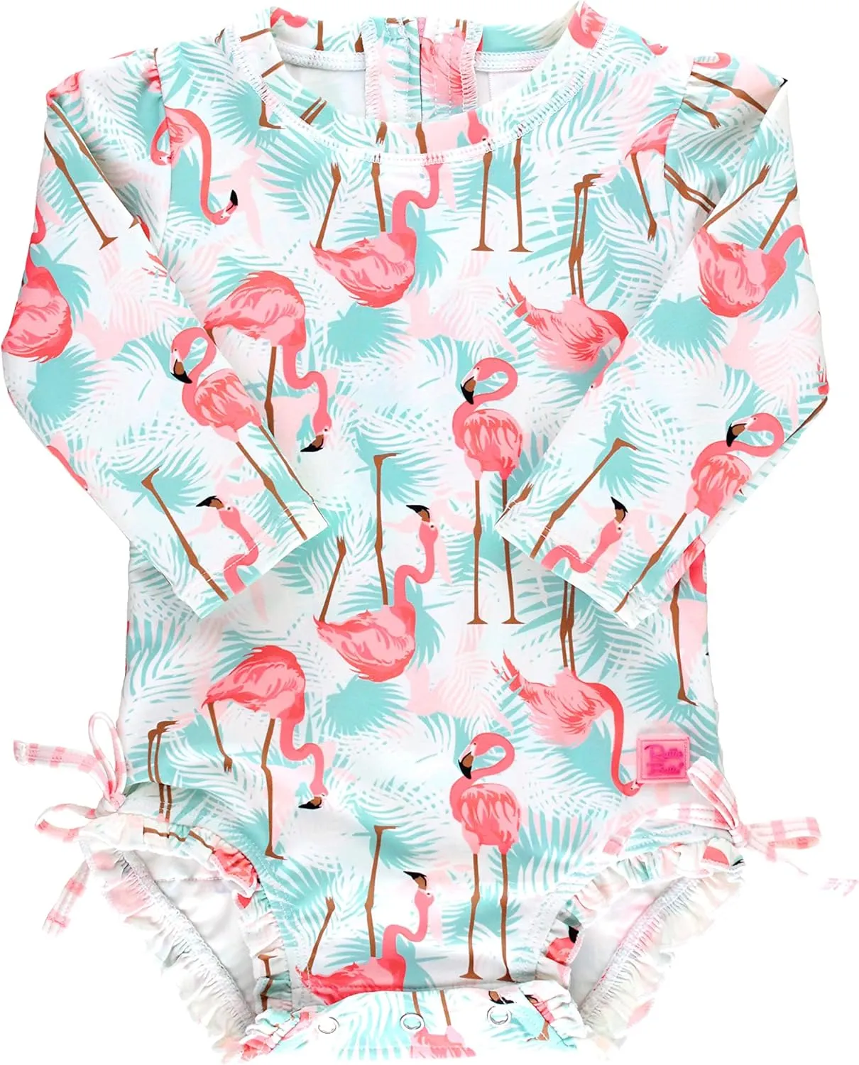 RuffleButts Baby Girls UPF 50  Sun Protection Tropical Print Long Sleeve One Piece Rash Guard Swimsuit with Zipper - Vibrant Flamingo, 0-3m
