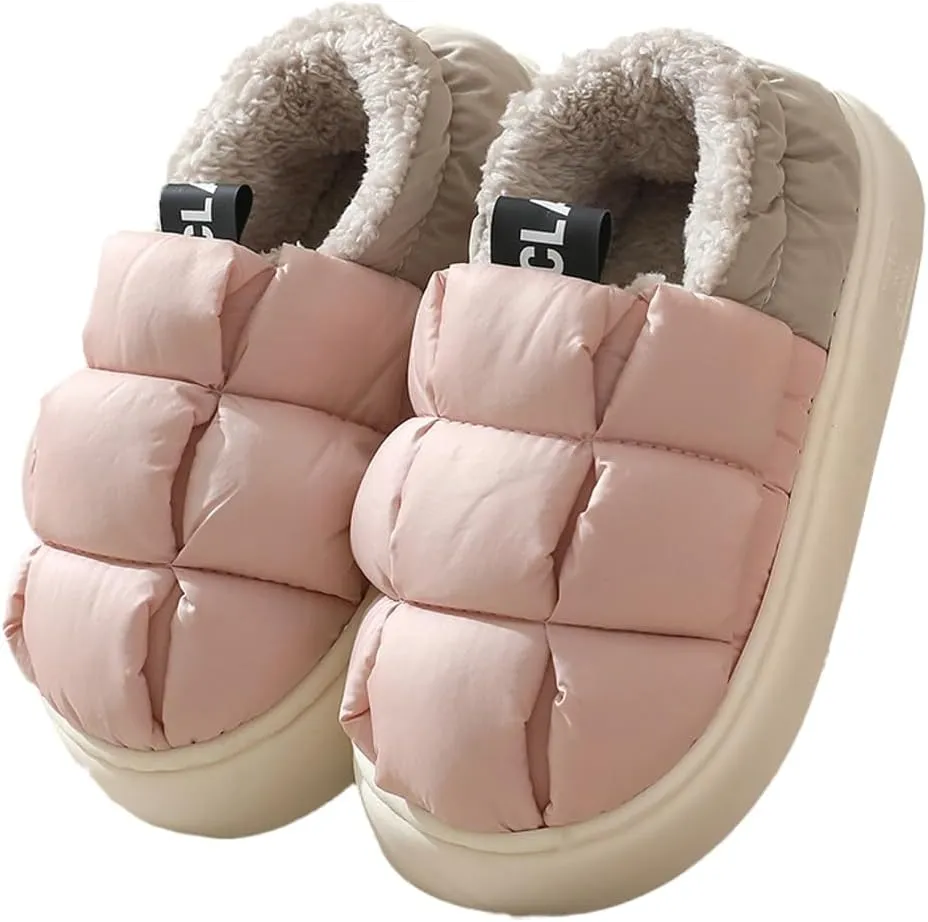 Rungion Furry Puffer Slippers for Women Men Warm Plush Lining House Slippers Comfy Wrap Heel Indoor Sandals Winter Outdoor