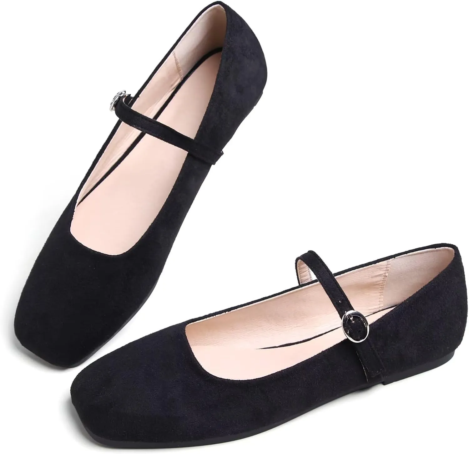 SAILING LU Women's Mary Jane Ballet Flats Square Toe Flat Shoes Suede Dress Shoes Comfortable Wear to Work Slip On Moccasins