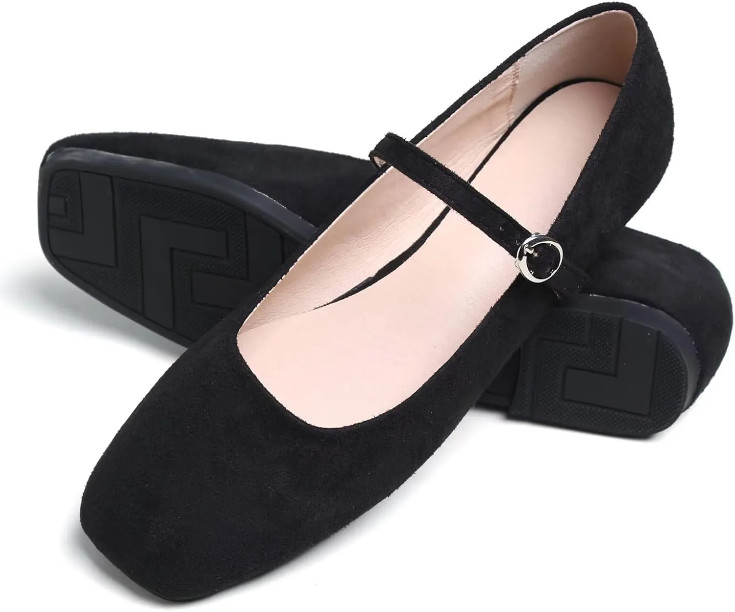 SAILING LU Women's Mary Jane Ballet Flats Square Toe Flat Shoes Suede Dress Shoes Comfortable Wear to Work Slip On Moccasins